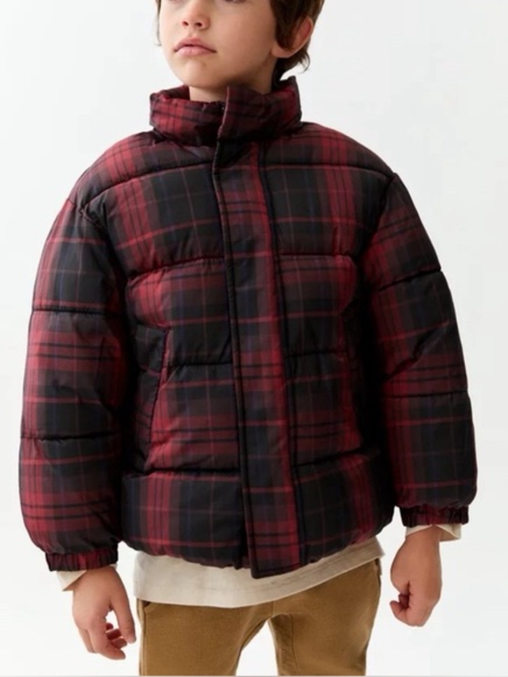 Zara Kids Red Black Plaid Puffer Jacket